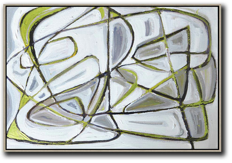 Contemporary Art Wall Decor,Horizontal Palette Knife Contemporary Art,Acrylic Painting On Canvas,White,Grey,Green,Black.etc